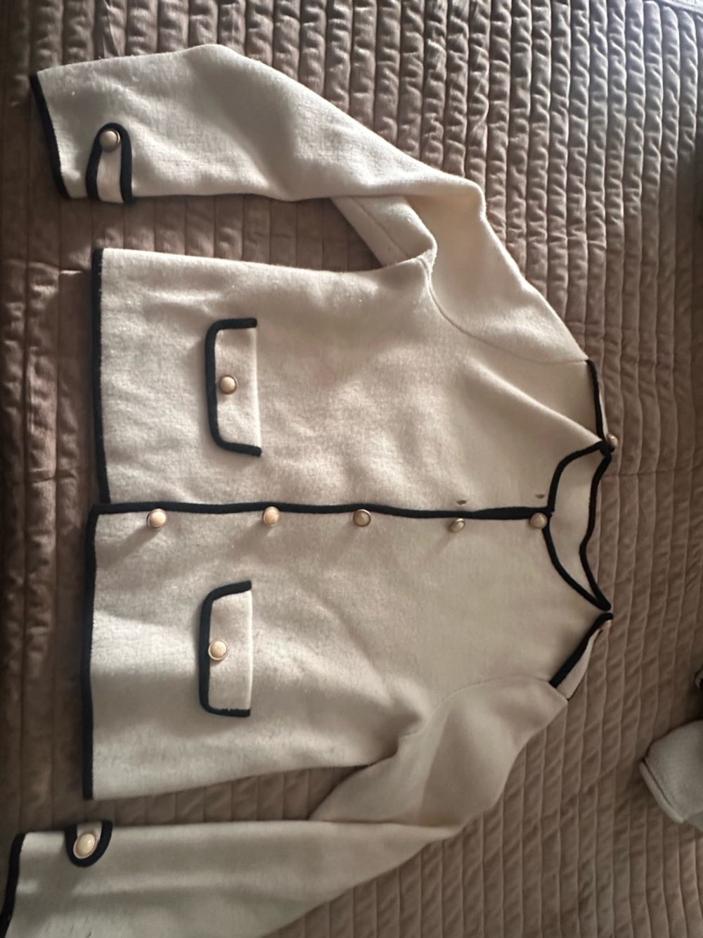 Goelia Classic Cream Knitted Cardigan with Black Trim